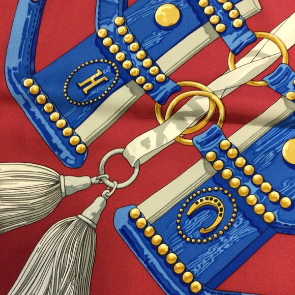 HERMES RED / BLUE MULTI AUX CHAMPS SQUARE SILK TWILL SCARF - Picture 8 of 9
